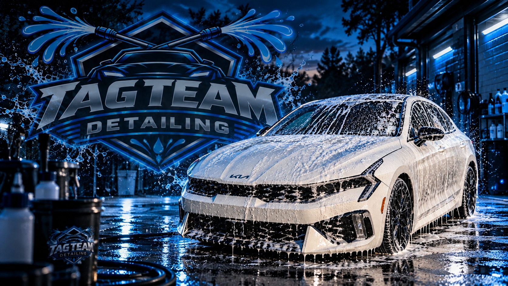 TAG TEAM DETAILING — white Kia K5 covered in soap foam with brand crest